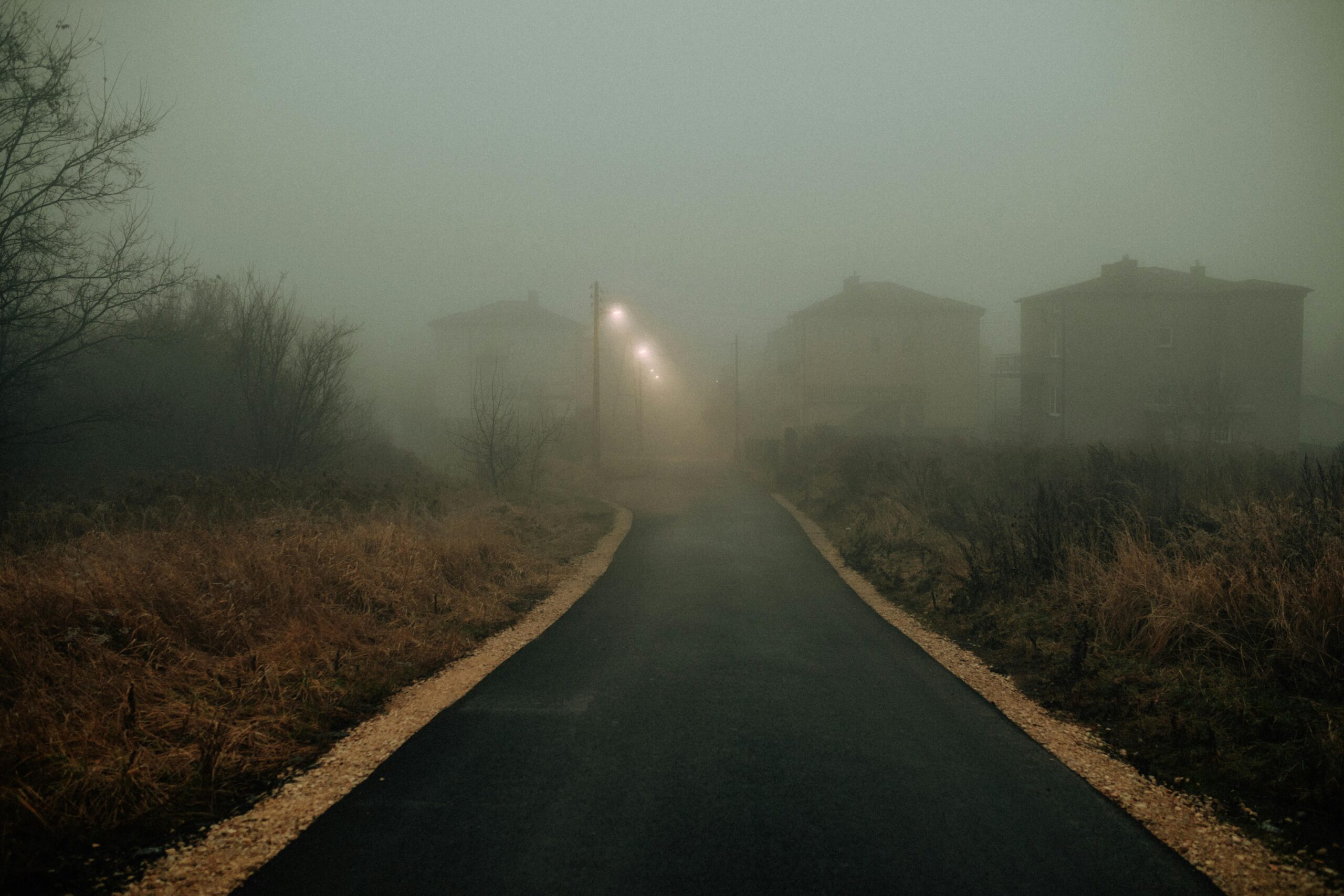 A foggy residential street illuminated by street lamps on a gloomy night, creating a mysterious atmosphere.